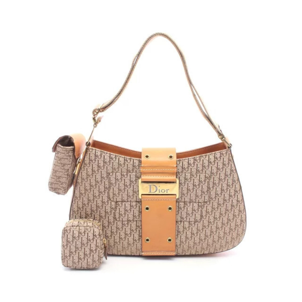 Christian Dior Street Trotter Shoulder Bag Canvas Leather Beige Cream Brown